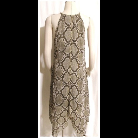New Womens Ladies Brown & Gray Reptile Pattern Silky Asymmetrical Dress Medium - Picture 4 of 6